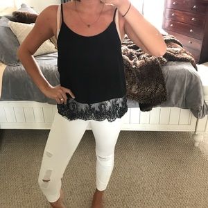Black polyester tank with lace trim