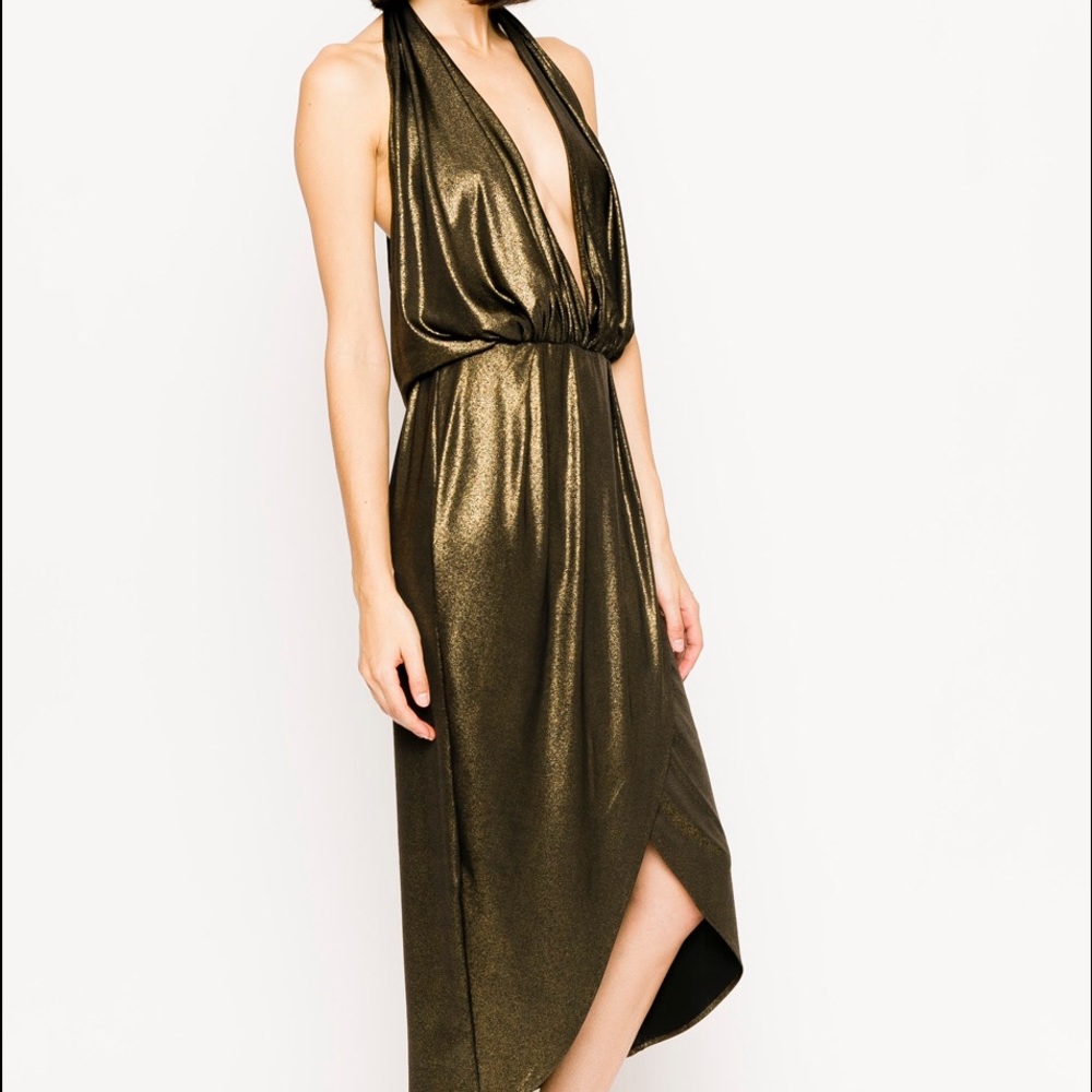 Gold knit lame 70's style v neck dress