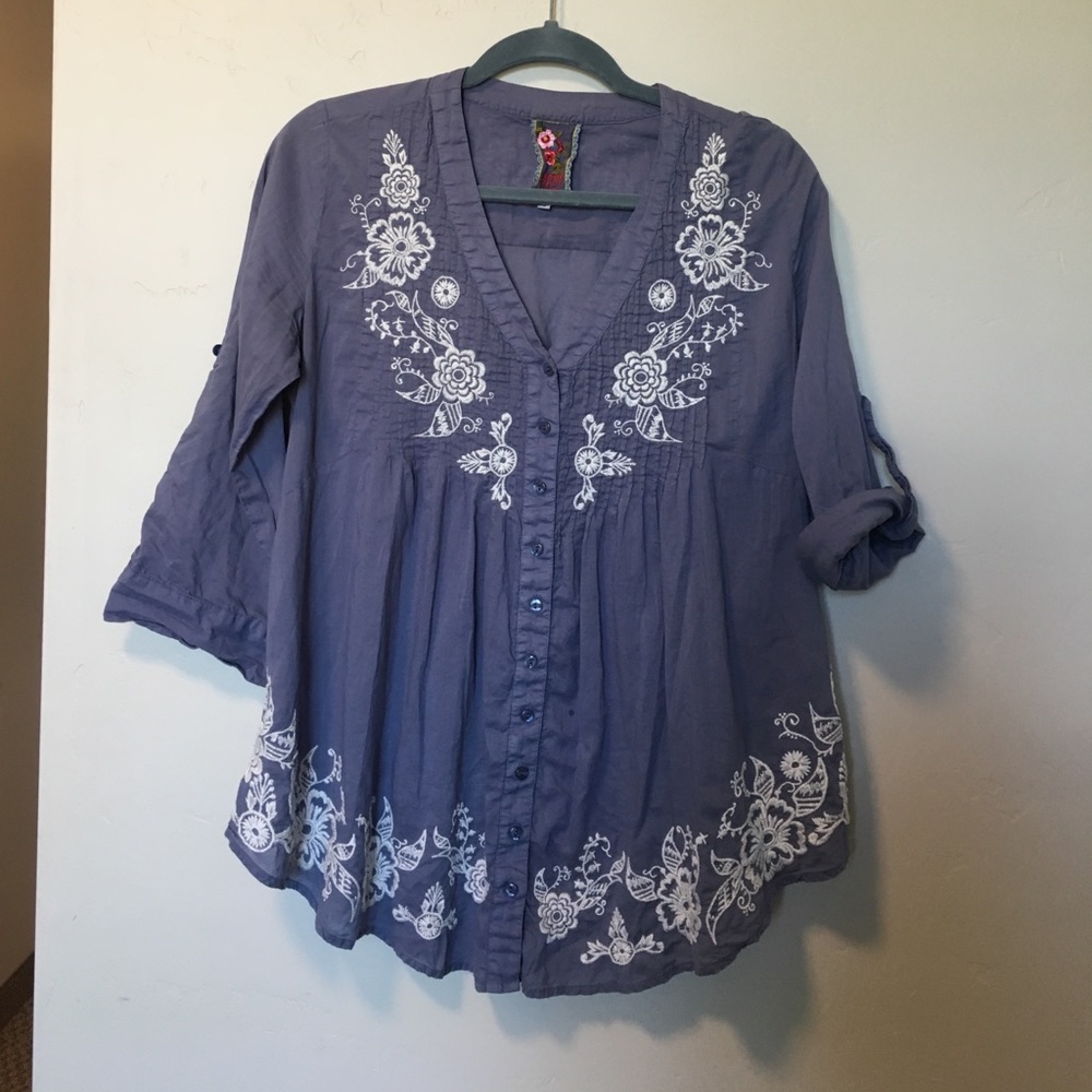 Embroidered blue and white top