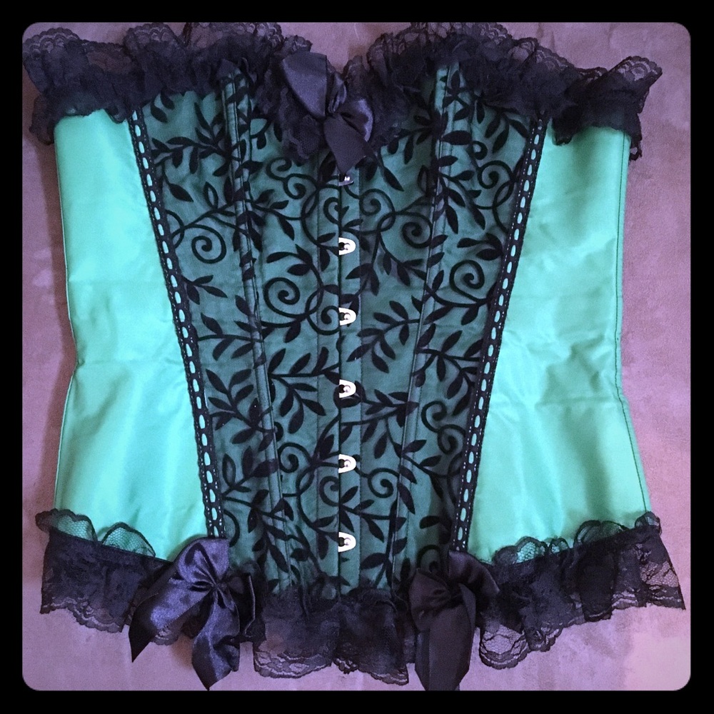 Preloved Kelly Green & Black Lace Corset Sz Medium