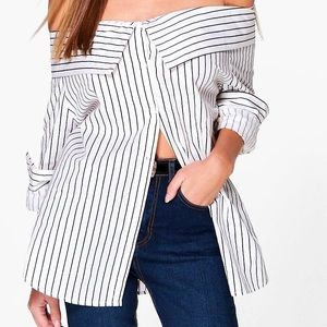 Off the shoulder striped button down