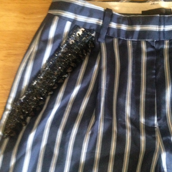 New J. Crew Blue Silk Striped Beaded Shorts 2 - Picture 2 of 4
