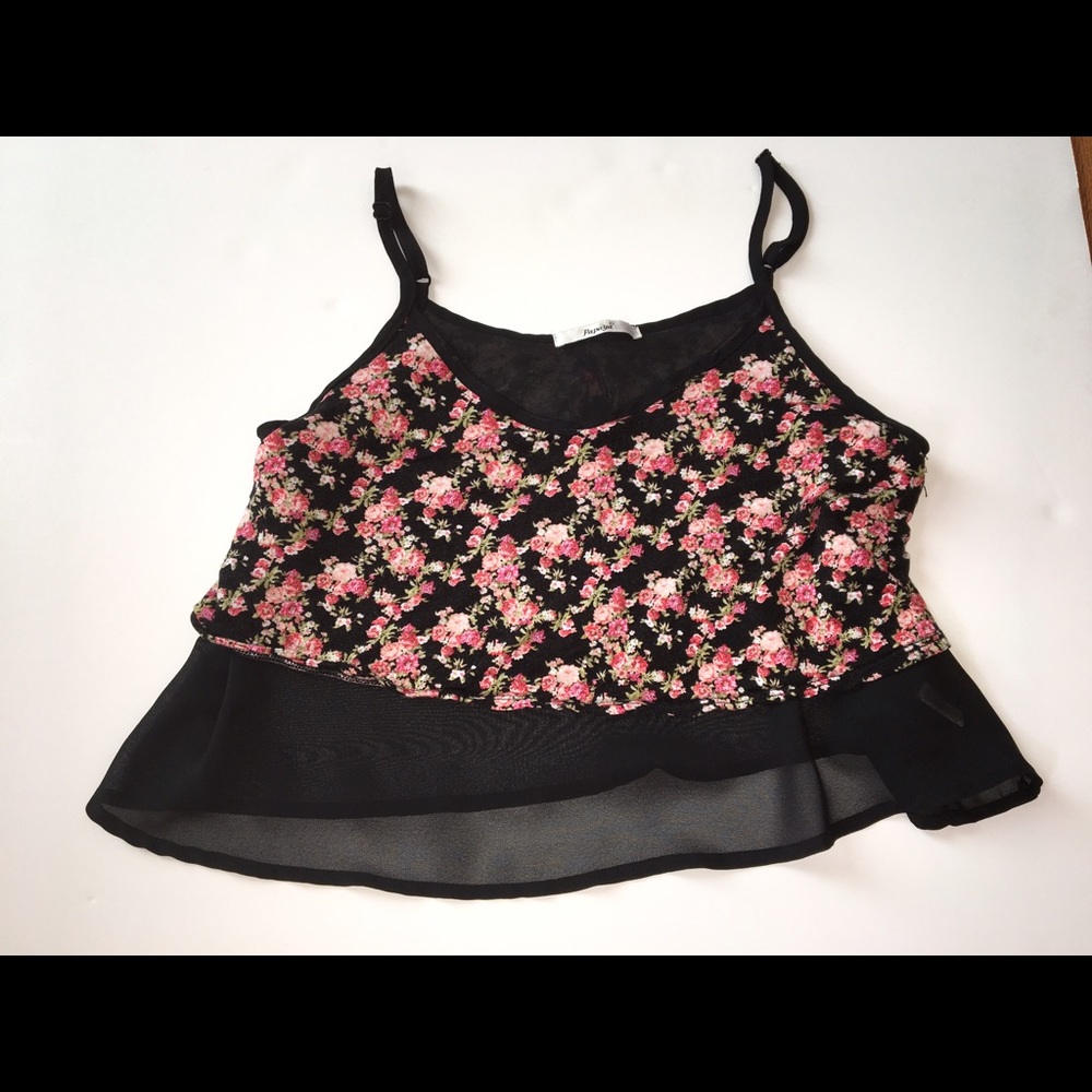 S papaya black and floral lace crop top