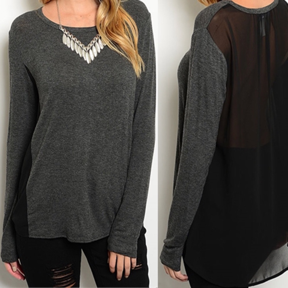 Edgy Charcoal and Sheer long sleeve Back Black Top - Picture 2 of 4