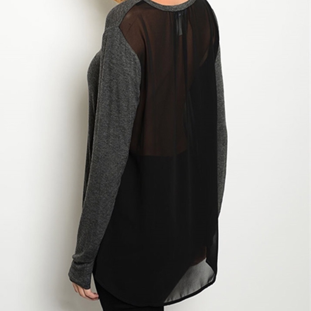 Edgy Charcoal and Sheer long sleeve Back Black Top - Picture 3 of 4