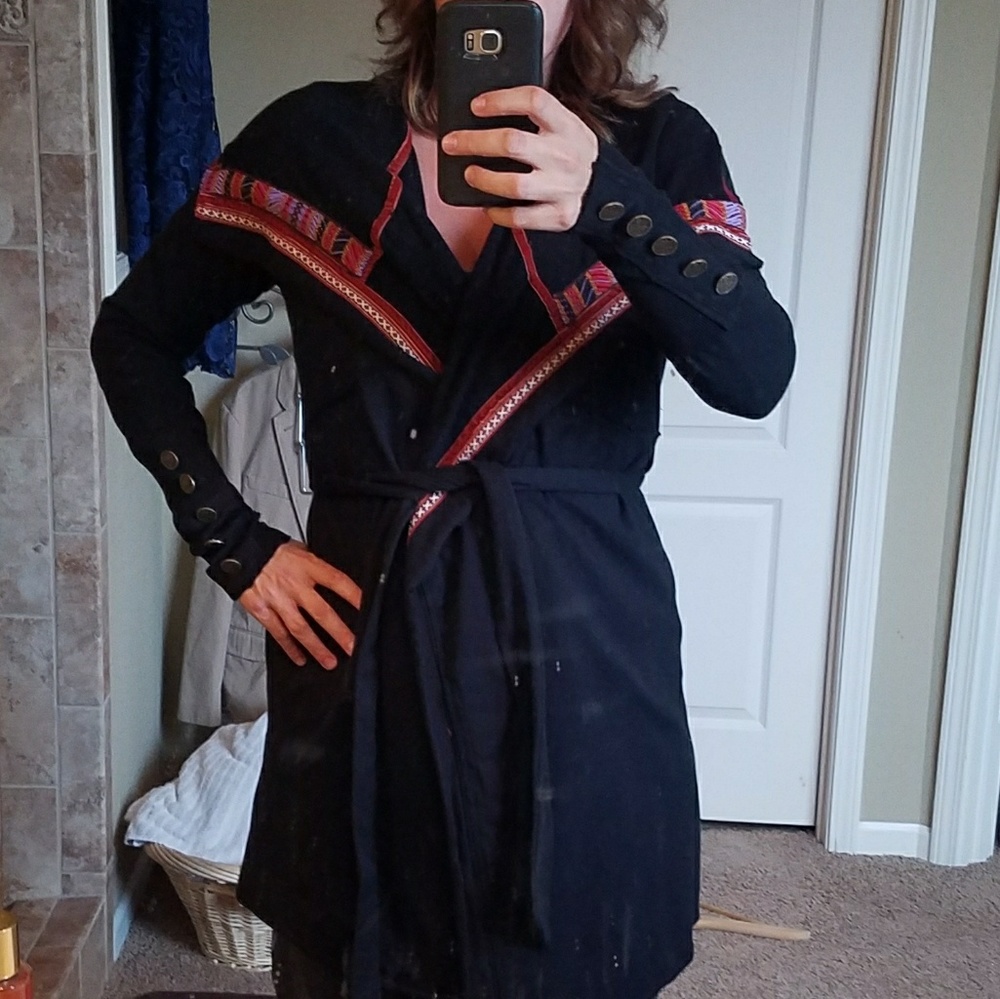Anthropologie Scrapbook Belted Black Knit Coat