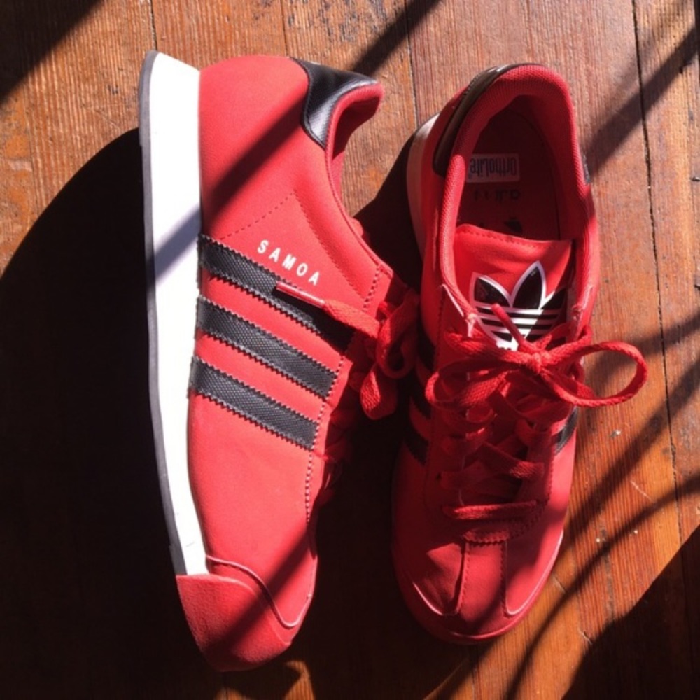 Red with black stripes Adidas 6.5 kids 8.5 women