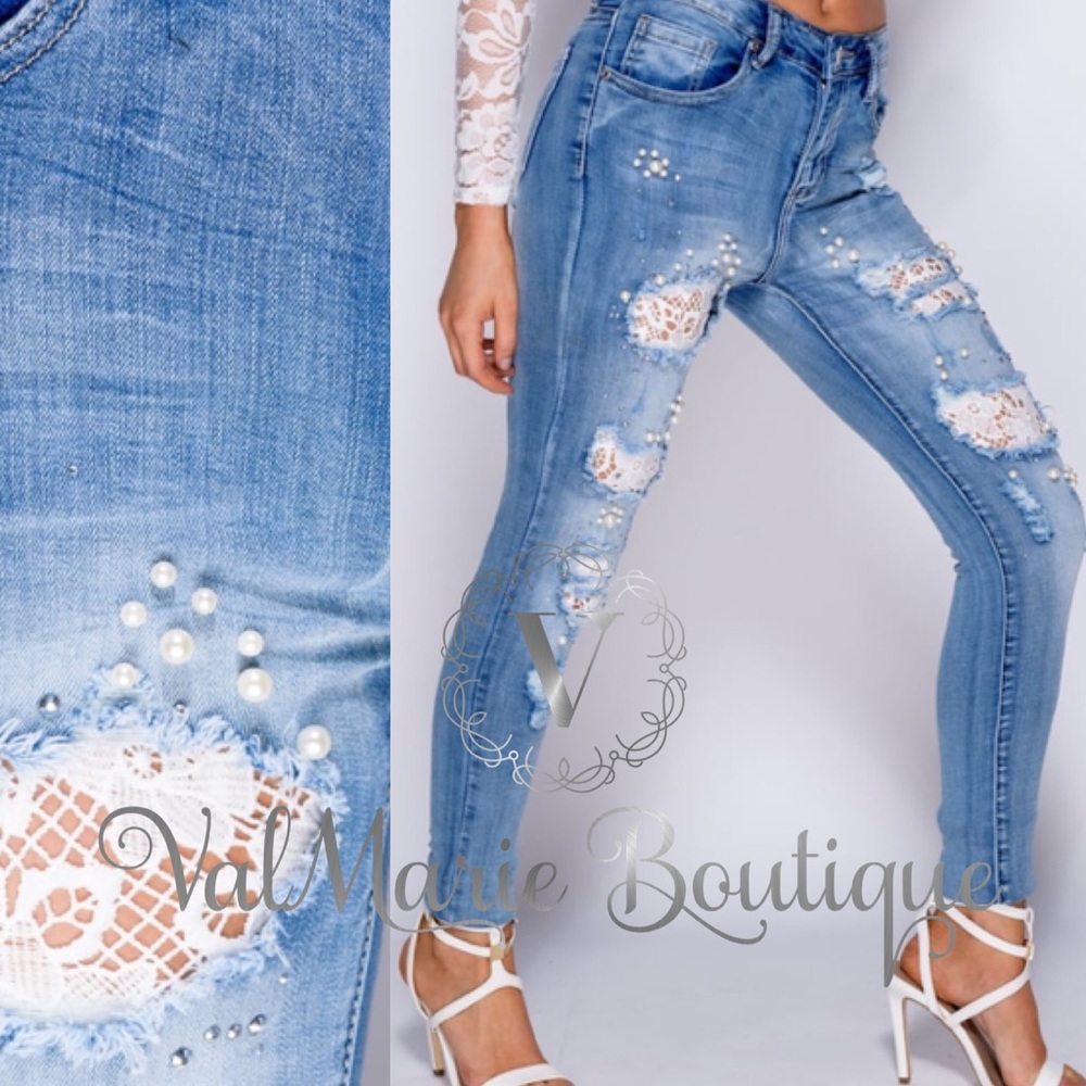 Rhinestone & Pearl Lace Insert Denim - Picture 2 of 4