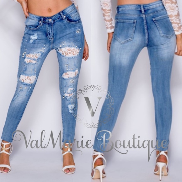 Rhinestone & Pearl Lace Insert Denim - Picture 3 of 4