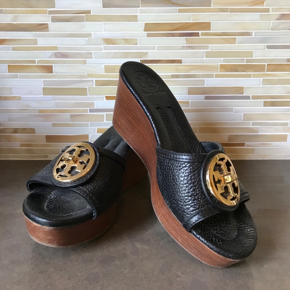 Tory Burch Black Leather Wedge - Size 6