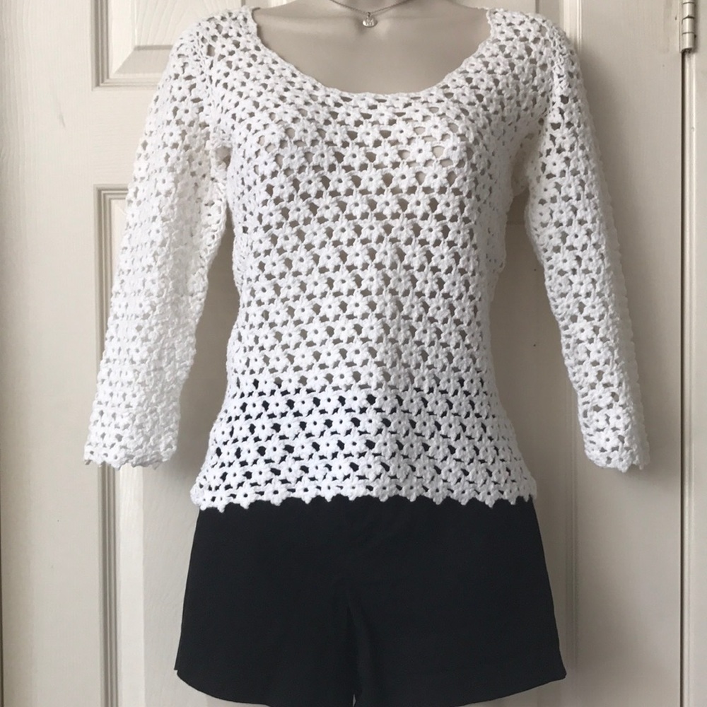 Ann Taylor Handknit White Floral Sweater