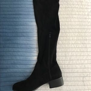 Over the knee black "suede" boots.