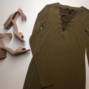 Forever 21 Laceup Bodycon Dress XS Olive Green