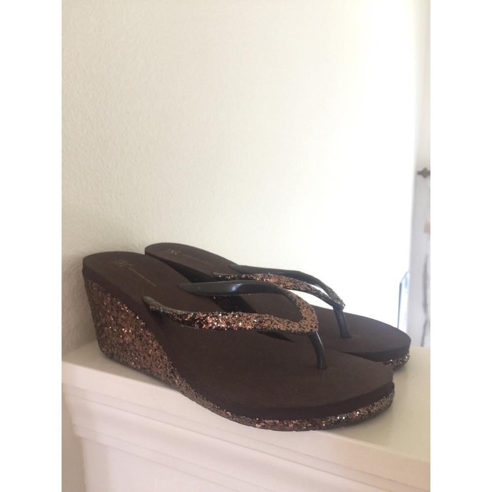 I.N.C. Brown & Glitter Wedge Slippers (New)