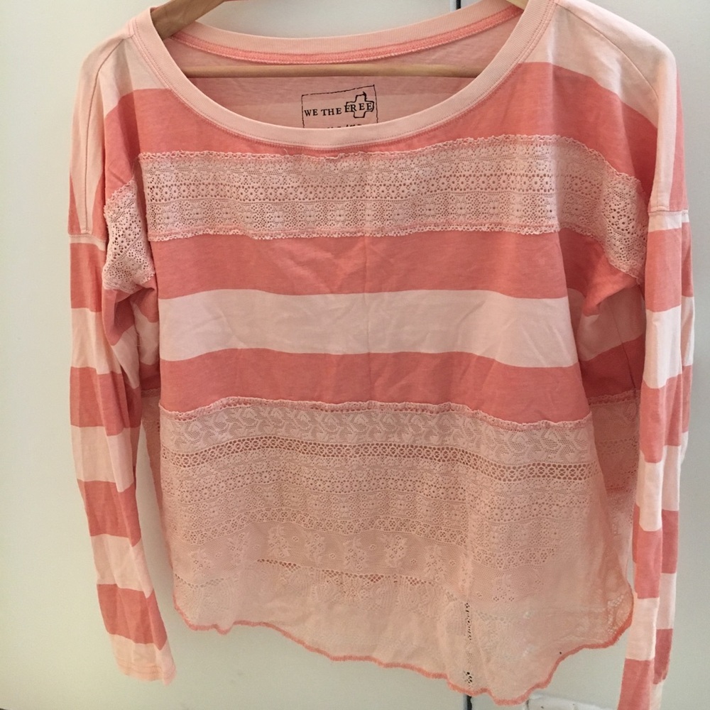 FREE PEOPLE salmon striped lace long sleeve shirt