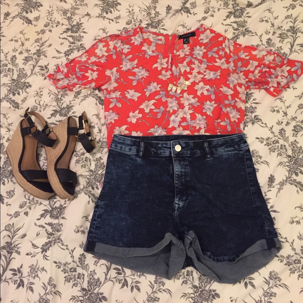 Distressed dark denim high-waisted shorts size 12