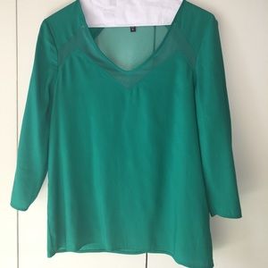Express Green silky blouse. sheer neckline detail