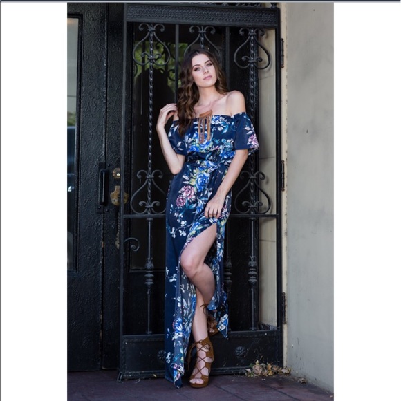 Off The Shoulder Maxi Dress - Navy Floral - Picture 2 of 7