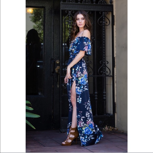 Off The Shoulder Maxi Dress - Navy Floral - Picture 3 of 7