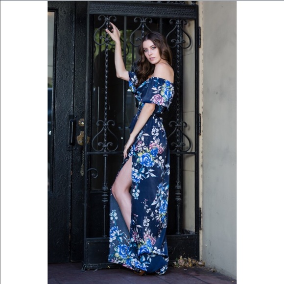 Off The Shoulder Maxi Dress - Navy Floral - Picture 6 of 7
