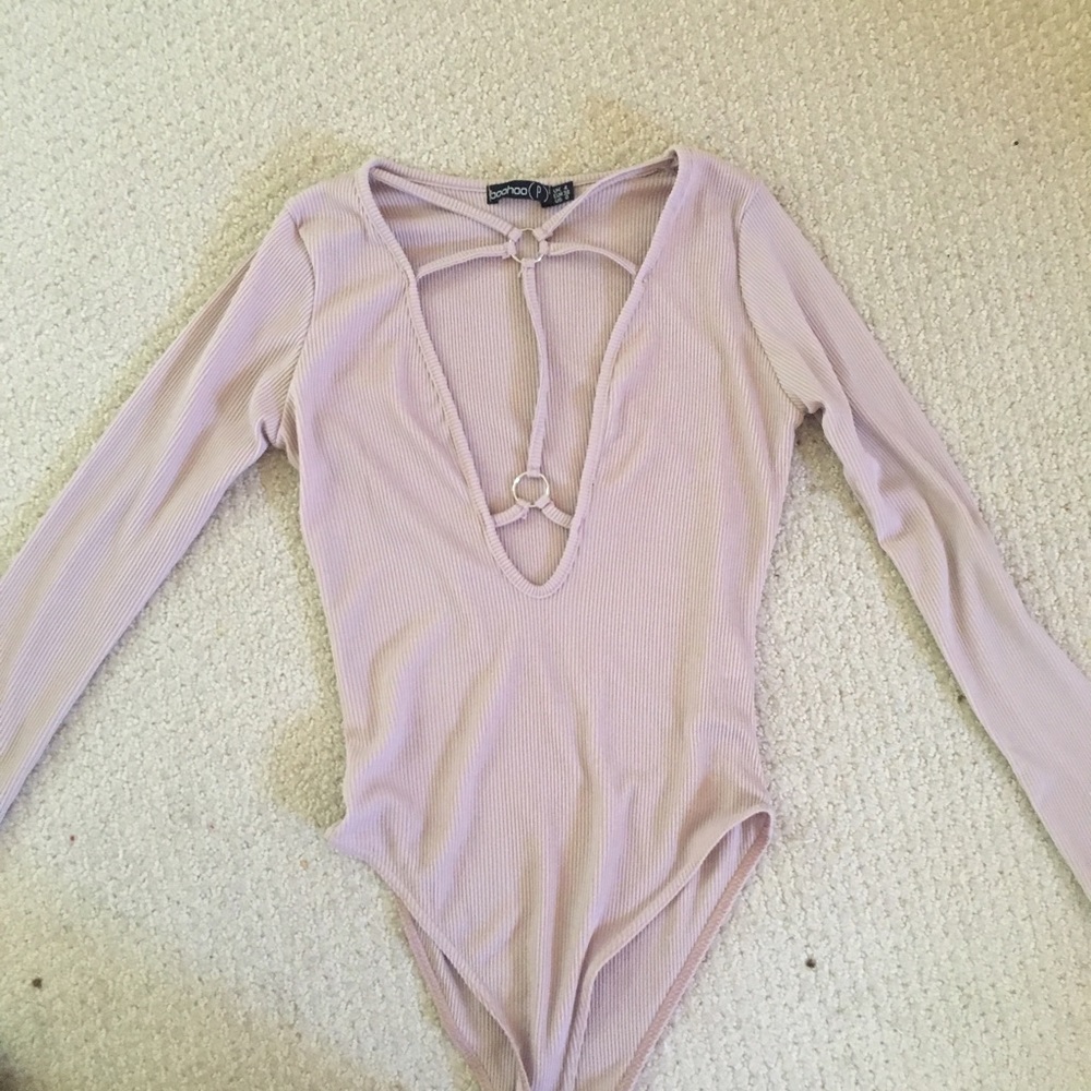 Boohoo cut out strappy mauve long sleeve bodysuit