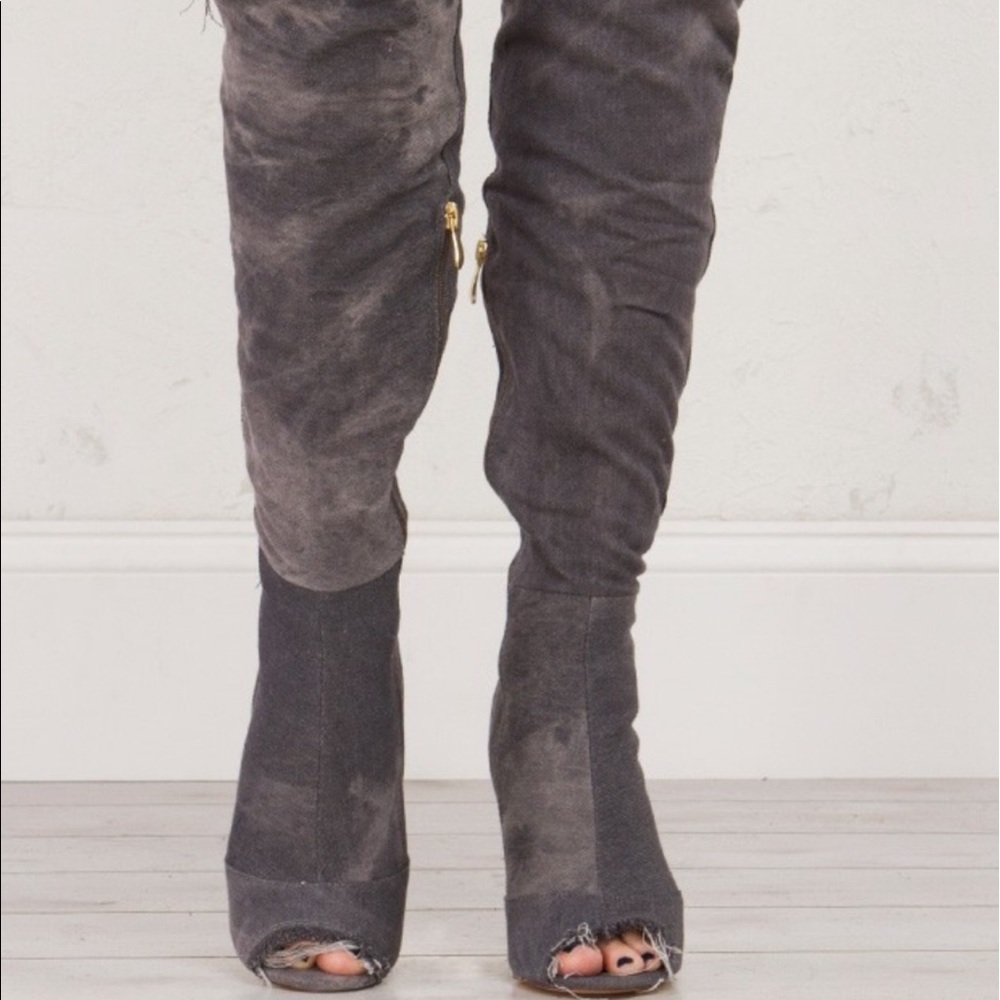 Grey knee high boots