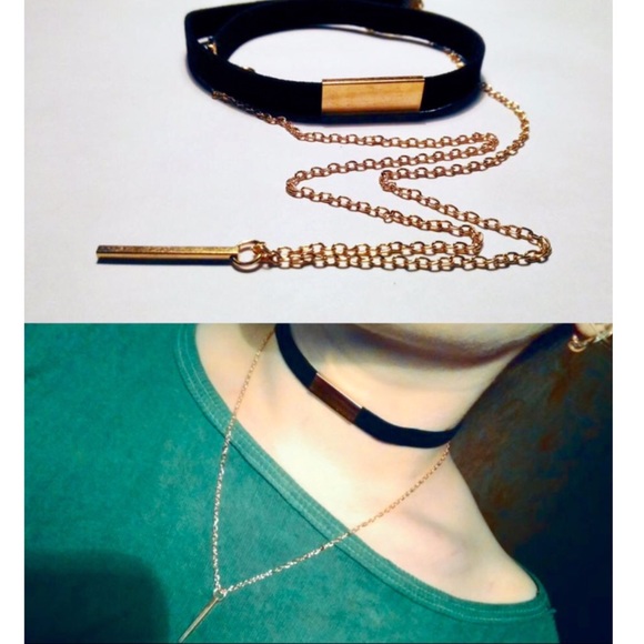 Velvet Choker Dangling Bar Pendant Chain Necklace - Picture 4 of 8