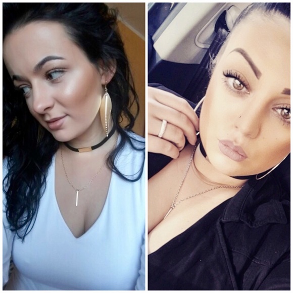 Velvet Choker Dangling Bar Pendant Chain Necklace - Picture 5 of 8