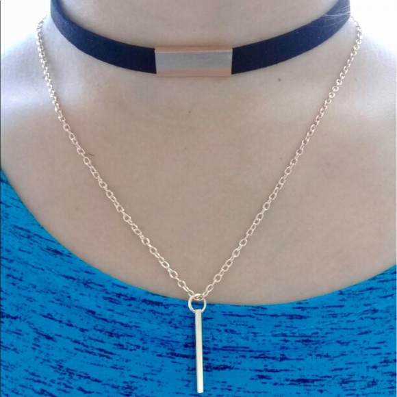 Velvet Choker Dangling Bar Pendant Chain Necklace - Picture 6 of 8