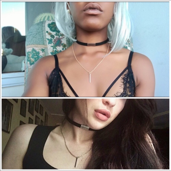 Velvet Choker Dangling Bar Pendant Chain Necklace - Picture 2 of 8