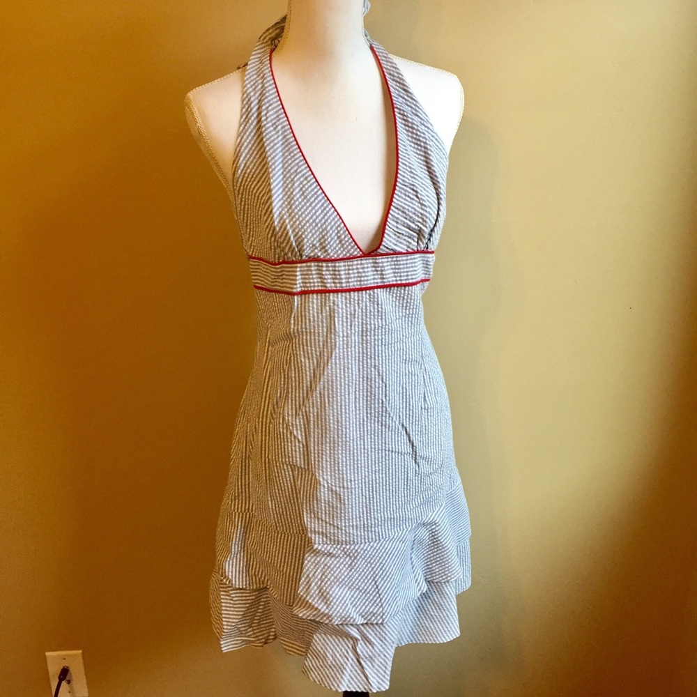 Seersucker halter dress with ruffle