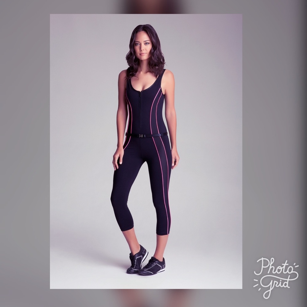 BeBe Piping Belted Jumpsuit black with pink.