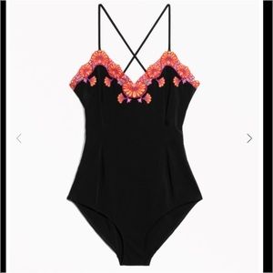 Embroidered open back one-piece swimsuit