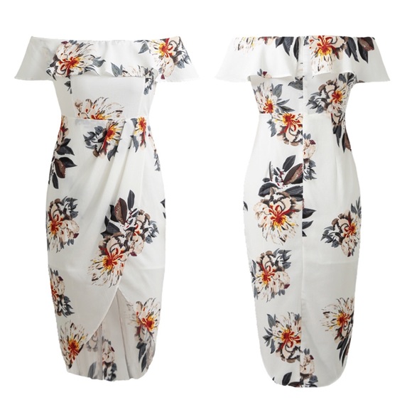 Off Shoulder Ruffle Overlay White Floral Dress - Picture 2 of 3