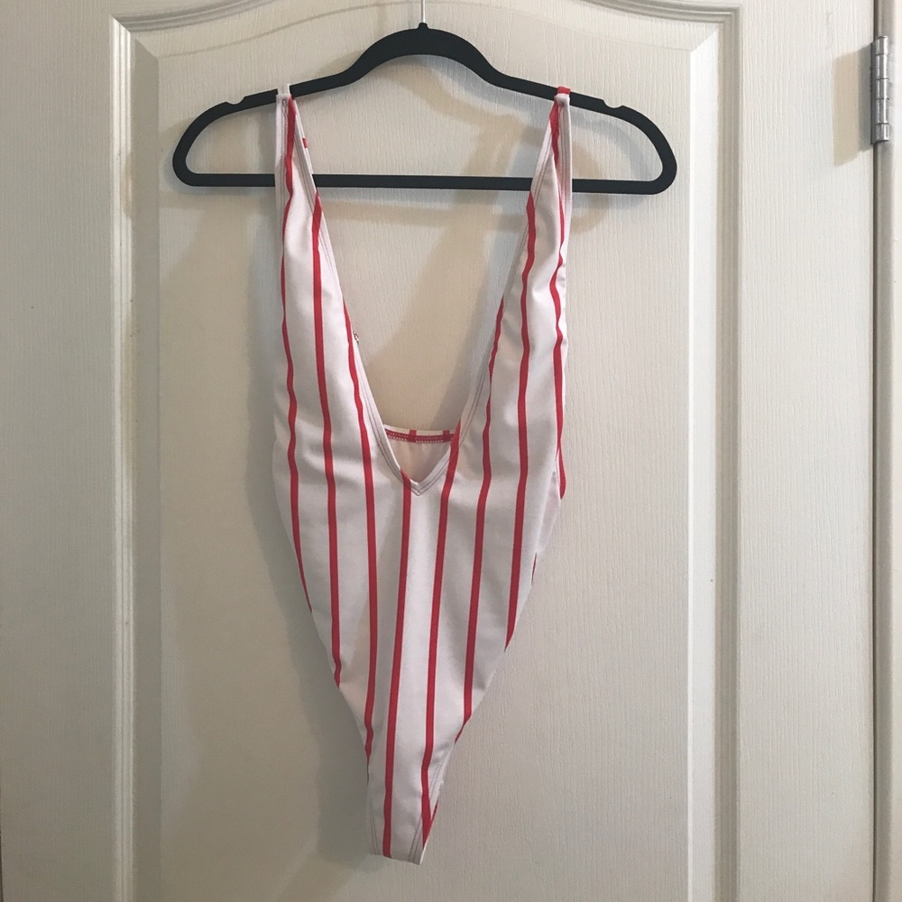 Red and White Striped One Piece Swimsuit