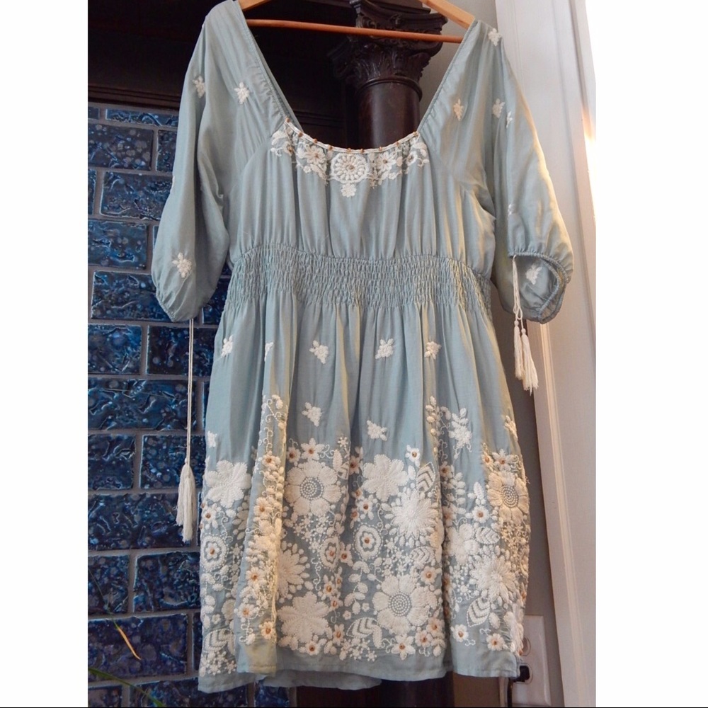 Anthropologie Seafoam Embroidered Tassel Dress