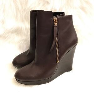 Michael Kors dark brown leather wedge booties