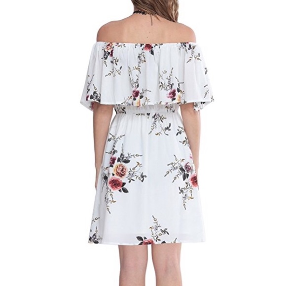 Off Shoulder Ruffle Overlay White Floral Dress - Picture 2 of 3