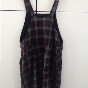 Burgundy plaid, pocketed overall dress