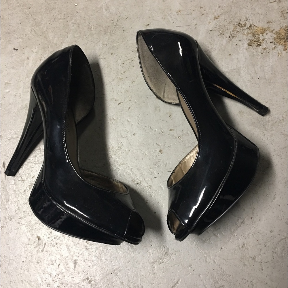 Fergie Black Patent Leather Peep Toe Heels