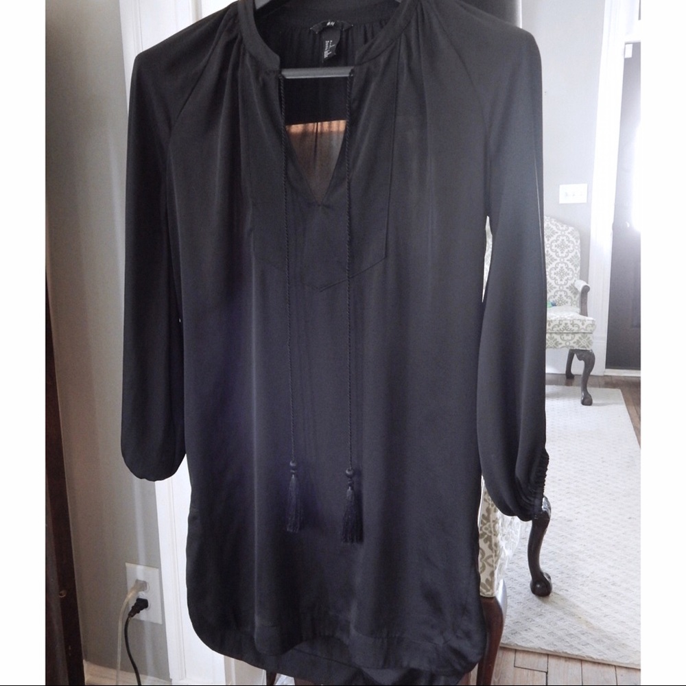 Black Silk Tunic Tassel Shirt Dress