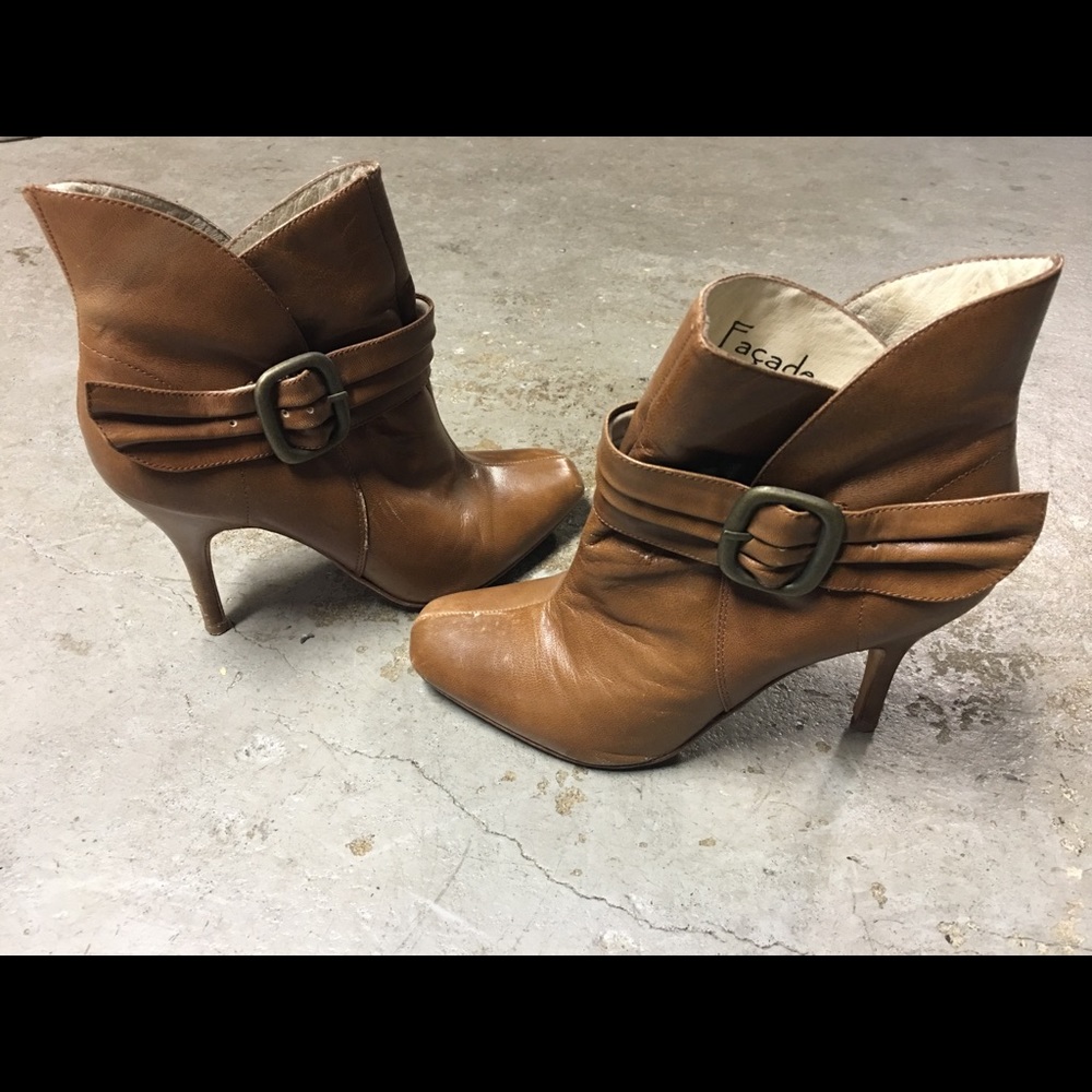 Facade Tan Leather Booties with Belt Detail