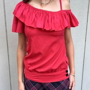 Red off the shoulder shirt with ruffle