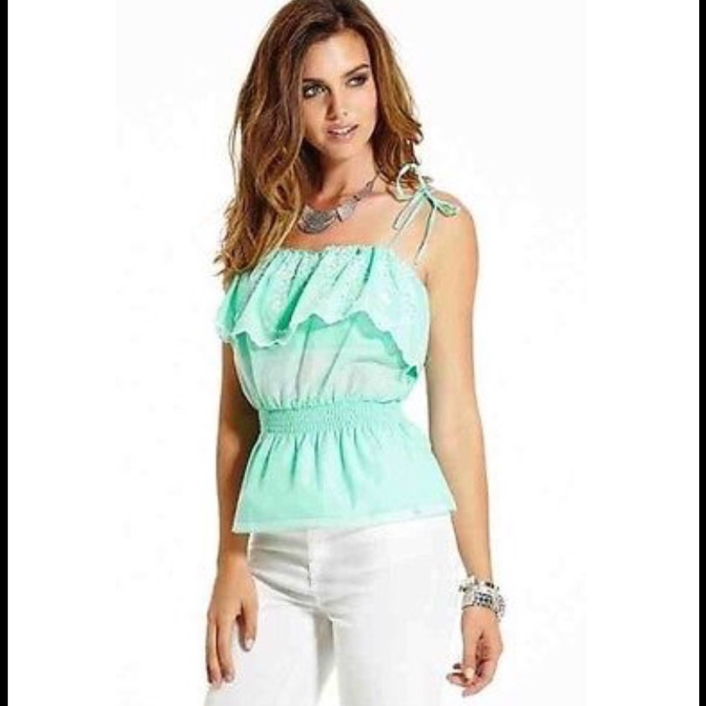 NWT GUESS STRAPPY EYELET EMBROIDERED PEPLUM TOP