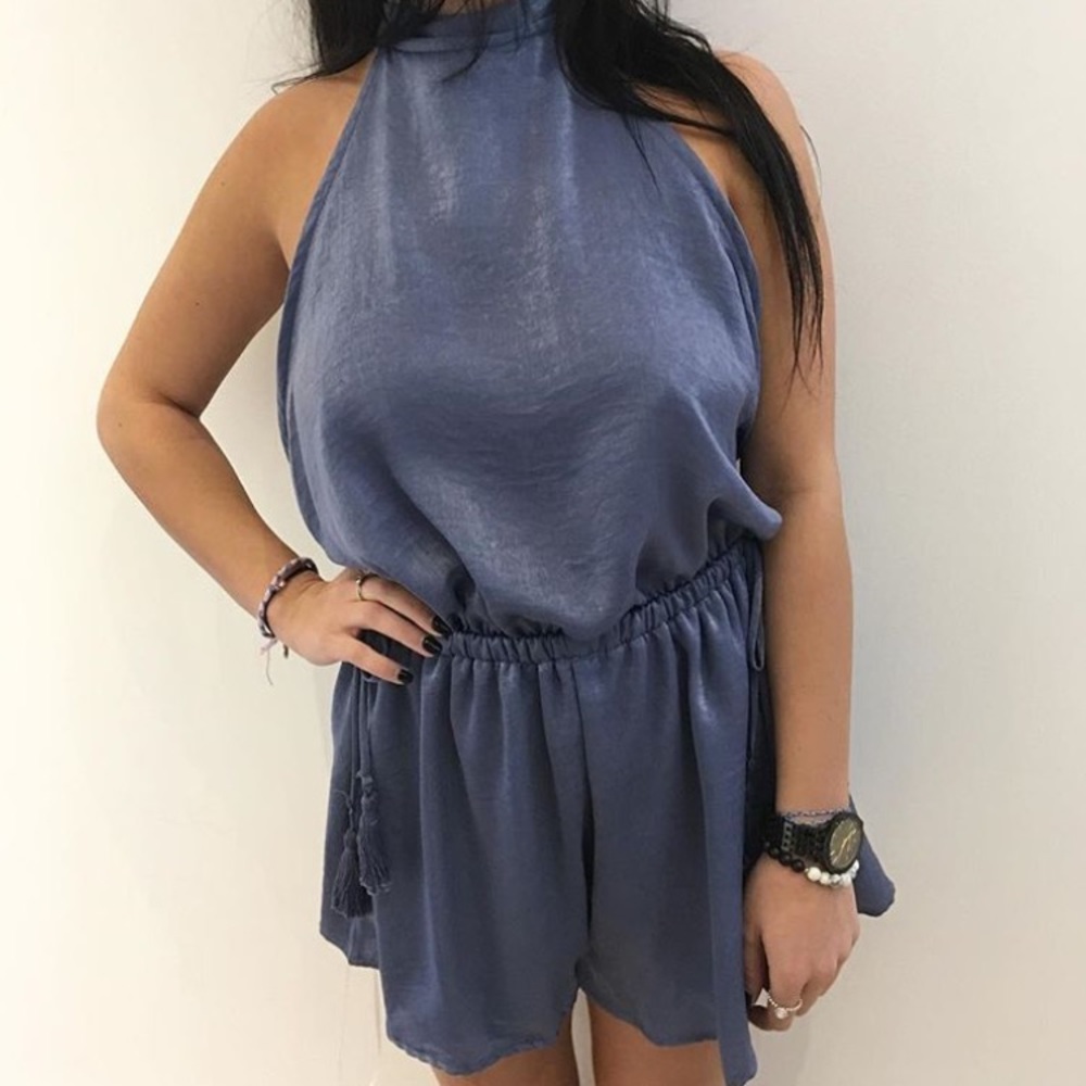 Blue silk open back romper