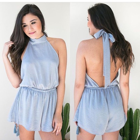 Blue silk open back romper - Picture 2 of 2