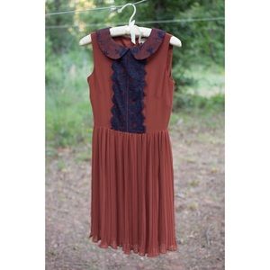 Brown and Blue Lace Pleated Dress