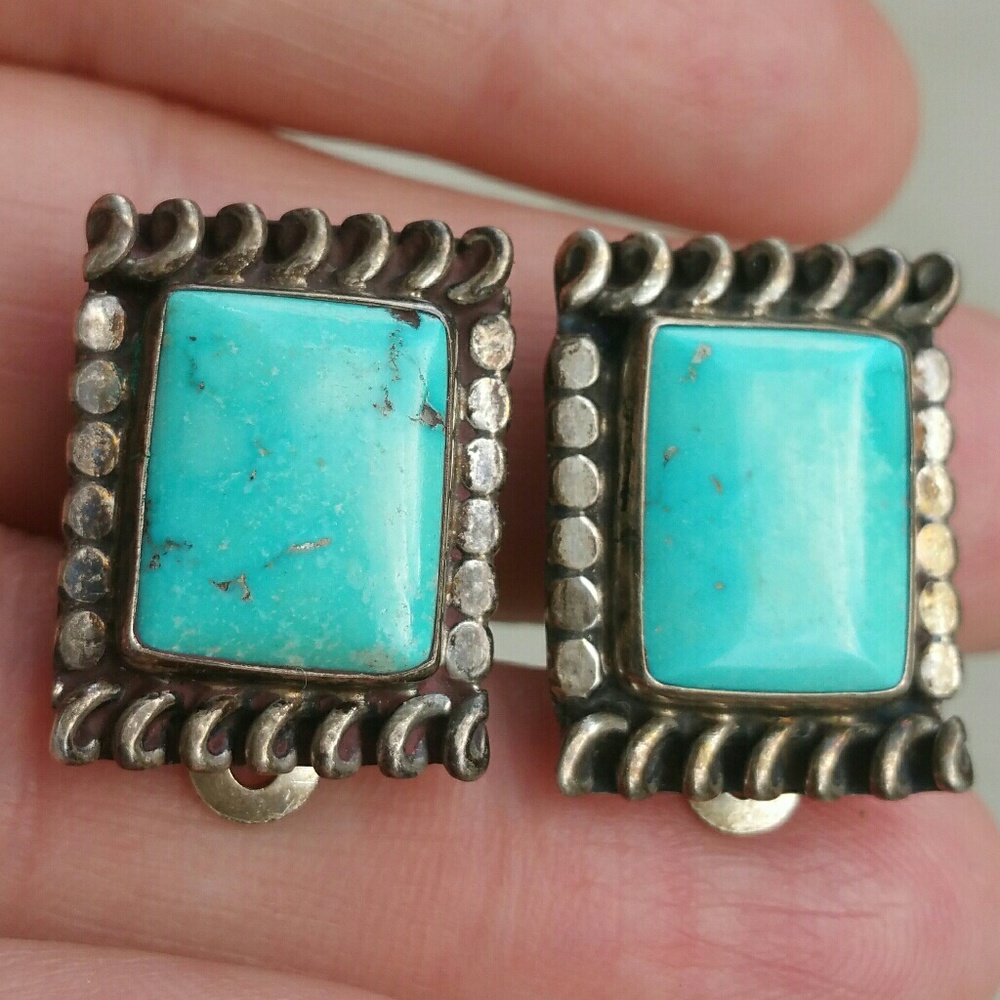 Old sterling silver turquoise clip earrings