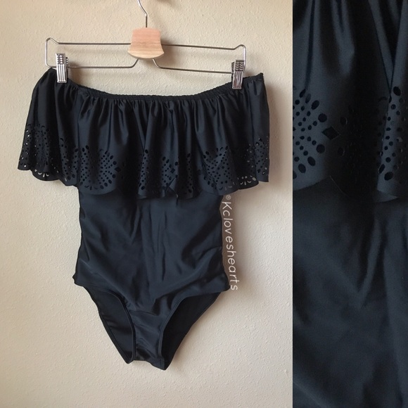 Black Laser Cut Off Shoulder Monokini - Picture 2 of 2
