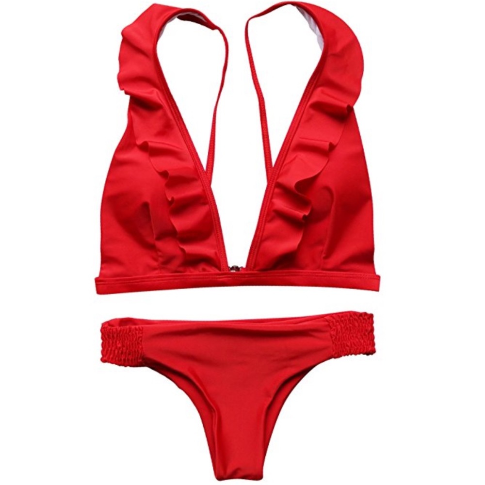 Red bikini ruffles Brazilian cut